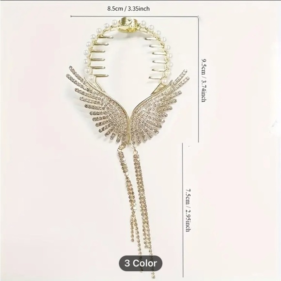 Gold Pearl Rhinestone Angel Wing Hair Clip Claw Hair Accessory - Picture 7 of 7